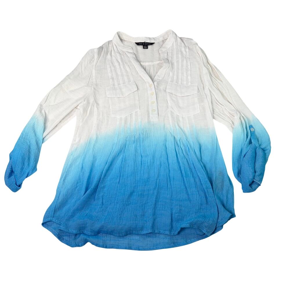 Zac & Rachel womens gauzy white blue ombre V neck henley. Size L. swim cover.